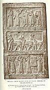 DETAILS FROM SECOND SIDE OF BLACK OBELISK OF SHALMANESER III<br> (1) Tribute bearers of Jehu, King of Israel. (2) Tributary Animals. (3) Tribute bearers with shawls and bags<br> (<i>British Museum</i>)