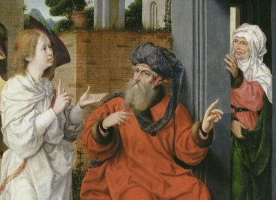 Abraham, Sarah and an Angel, detail, by Jan II Provost [c. 1520] (Public Domain Image)