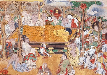 The Death of Buddha, Japanese print, 17th century, detail (public domain image);