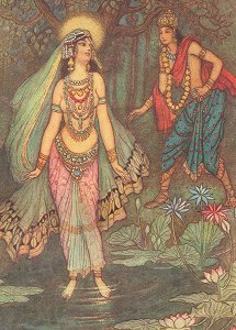 Shatanu meets the Goddess Ganga, by Warwick Goble (Public Domain Image)