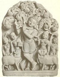 Krishna dances with the Gopis (photo from Indian Myth and Legend by Donald Mackenzie, 1913, p. 128) [Public Domain Image]