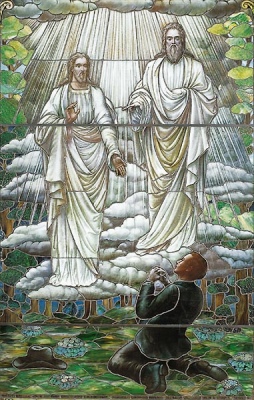 Joseph Smith's First Vision: Unknown artist, Stained Glass Window at the Museum of Church History and Art in Salt Lake City [1913] (Public Domain Image)