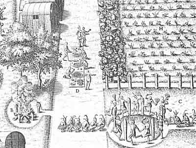 Detail of Woodcut from A BREFE AND TRUE REPORT OF THE NEW FOUND LAND OF VIRIGINA, by Thomas Herriot (1590) [Public domain image]