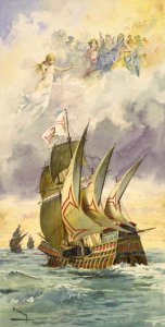 Vasco da Gama's Ship with Gods Above [ca.1880], by Erensto Casanova (Public Domain Image)
