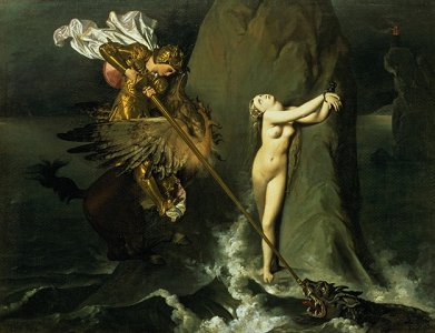 Ruggiero rescuing Angelica, by Jean Auguste Dominique Ingres [1819] (Public Domain Image)