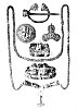 VIKING ORNAMENTS<br> 1. Pin-brooch; 2, 3, 4, 5, Bronze Buckles; 6, Gold Neck-chain with Hammer of Thor hanging at bottom